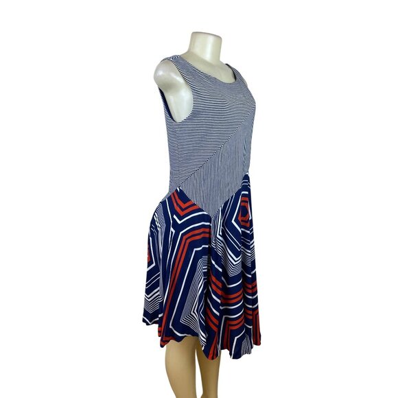 Maeve Women's Navy Sleeveless Assymetrical Dress With Geometric Patterns Sz M - Picture 2 of 7